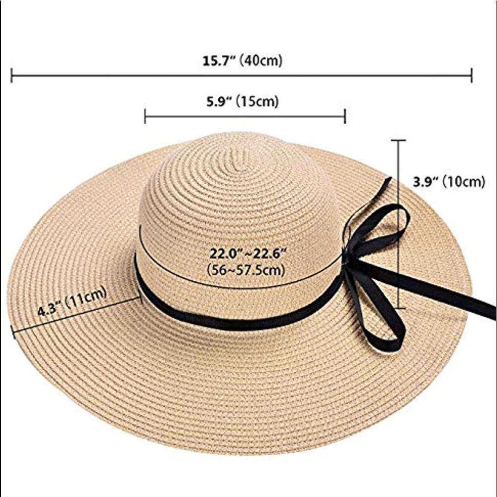 Beige Floppy Beach Straw Hat, Foldable Wide Brim with Bowknot UPF50 - Picture 5 of 7